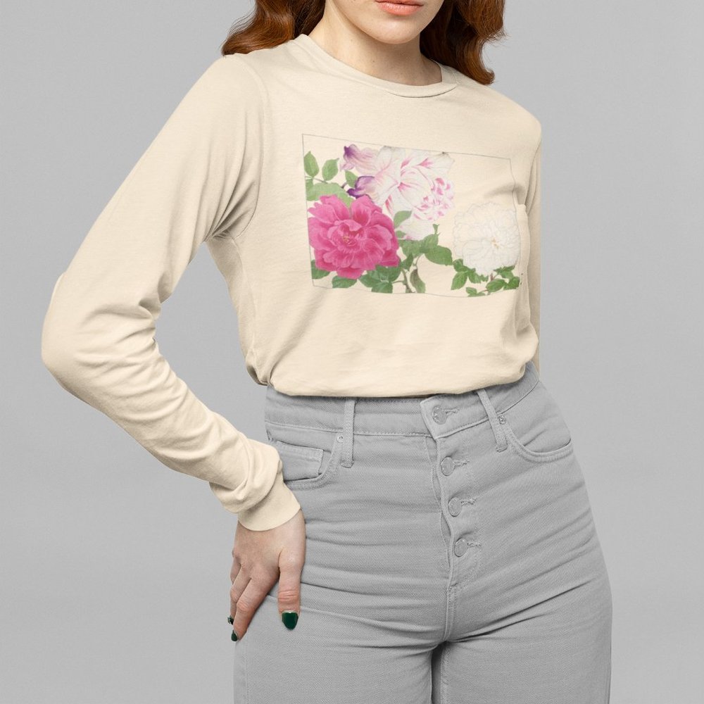 Japanese Roses Vintage Ukyio-e Print Long Sleeve Graphic Tee T-shirt S M L XL